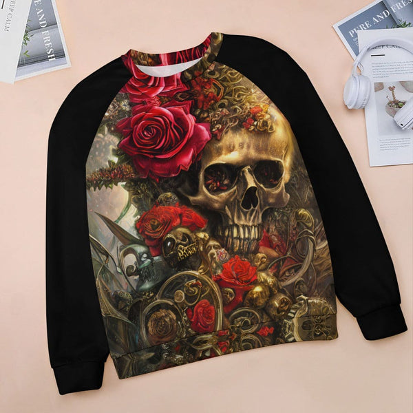 Unleash Your Bold Style With The Women's Skull Floral Raglan Round Neck Sweater!