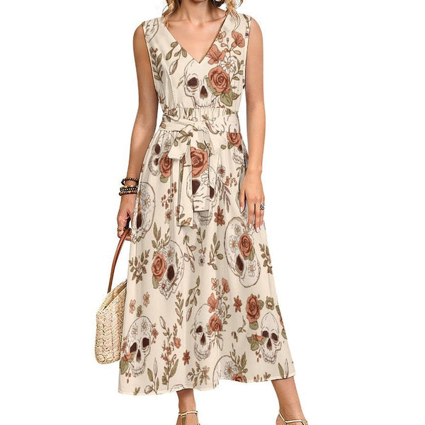 Women's Beige Skull Floral Sleeveless V-Neck Belted Dress