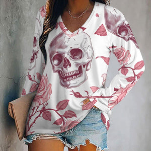 Women's Skull Pink Flowers Long Sleeve Loose Tee