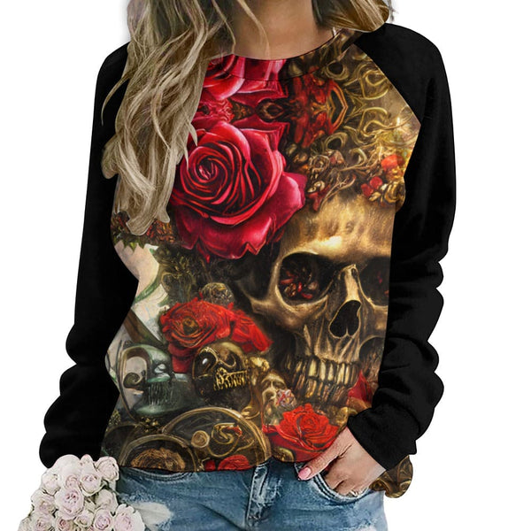 Unleash Your Bold Style With The Women's Skull Floral Raglan Round Neck Sweater!