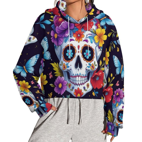 Women's Skull Floral Butterfly Cropped Hoodie