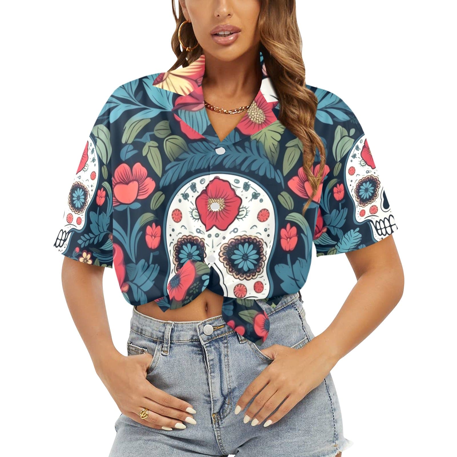 Blue Red Skulls Floral Hawaiian Short Sleeve Shirt