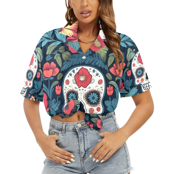 Blue Red Skulls Floral Hawaiian Short Sleeve Shirt