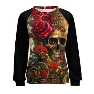 Unleash Your Bold Style With The Women's Skull Floral Raglan Round Neck Sweater!