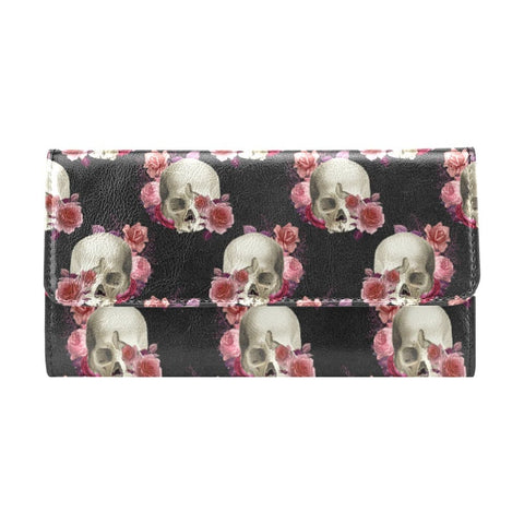 Women's pink Floral Skulls Trifold Wallet