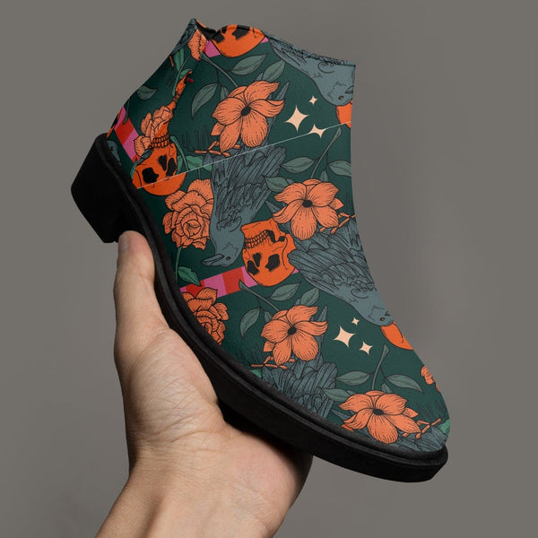 Orange Flowers & Skulls Fashion Zipper Boots