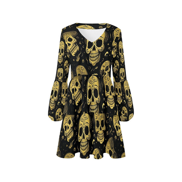 Gold Skulls V-Neck Dress - Loose Fit, Long Sleeves