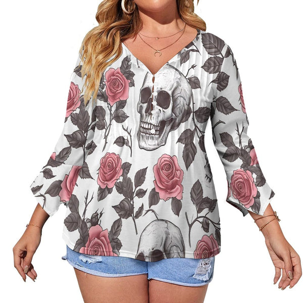 Women's Pink Roses And Skulls Ruffled Petal Sleeve Blouse