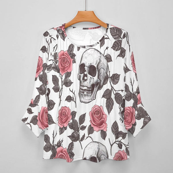 Women's Pink Roses And Skulls Ruffled Petal Sleeve Blouse