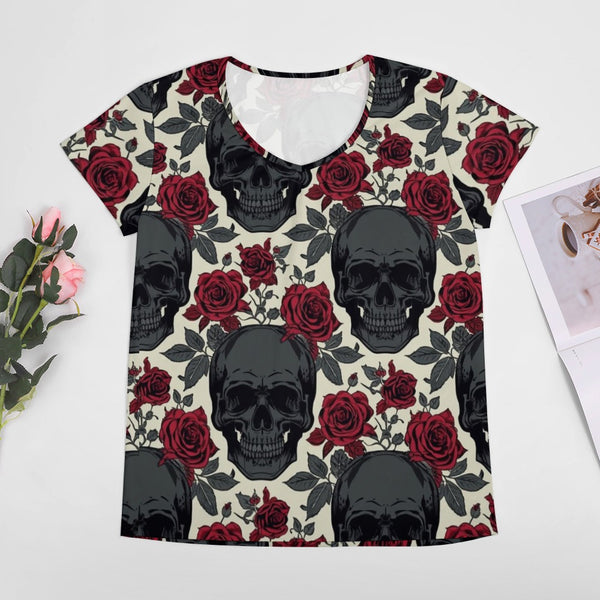 Women's Dark Skull with Red Roses V-Neck T-Shirt - Everything Skull Clothing Merchandise and Accessories