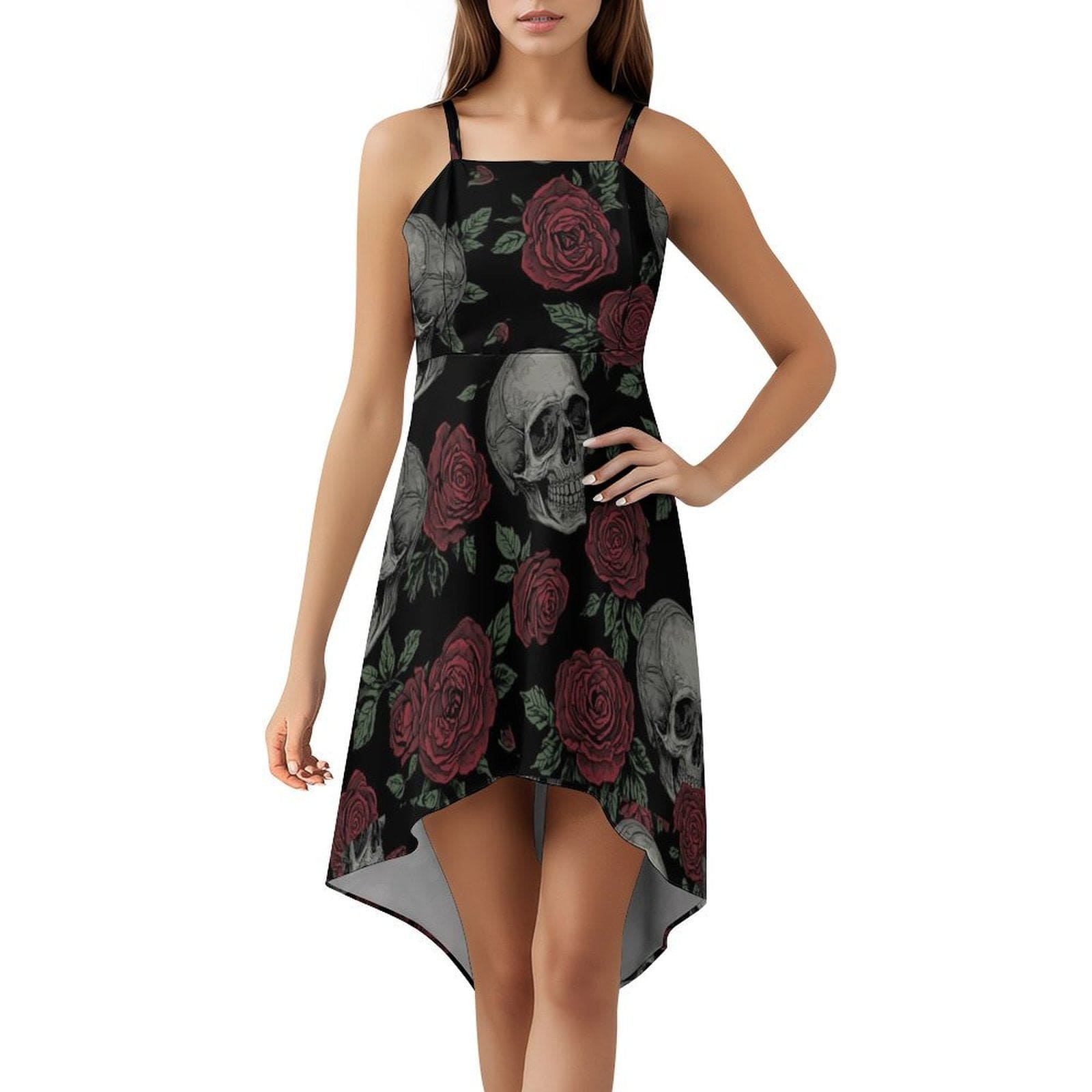 Women's Skull With Roses High-Low Spaghetti Strap Dress