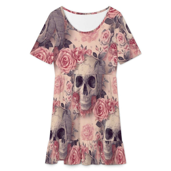 Women's Skulls With Pink Flowers Short Sleeve Ruffle Hem Dress