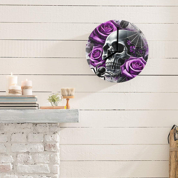 Purple Rose Skull Spider Wall Clock