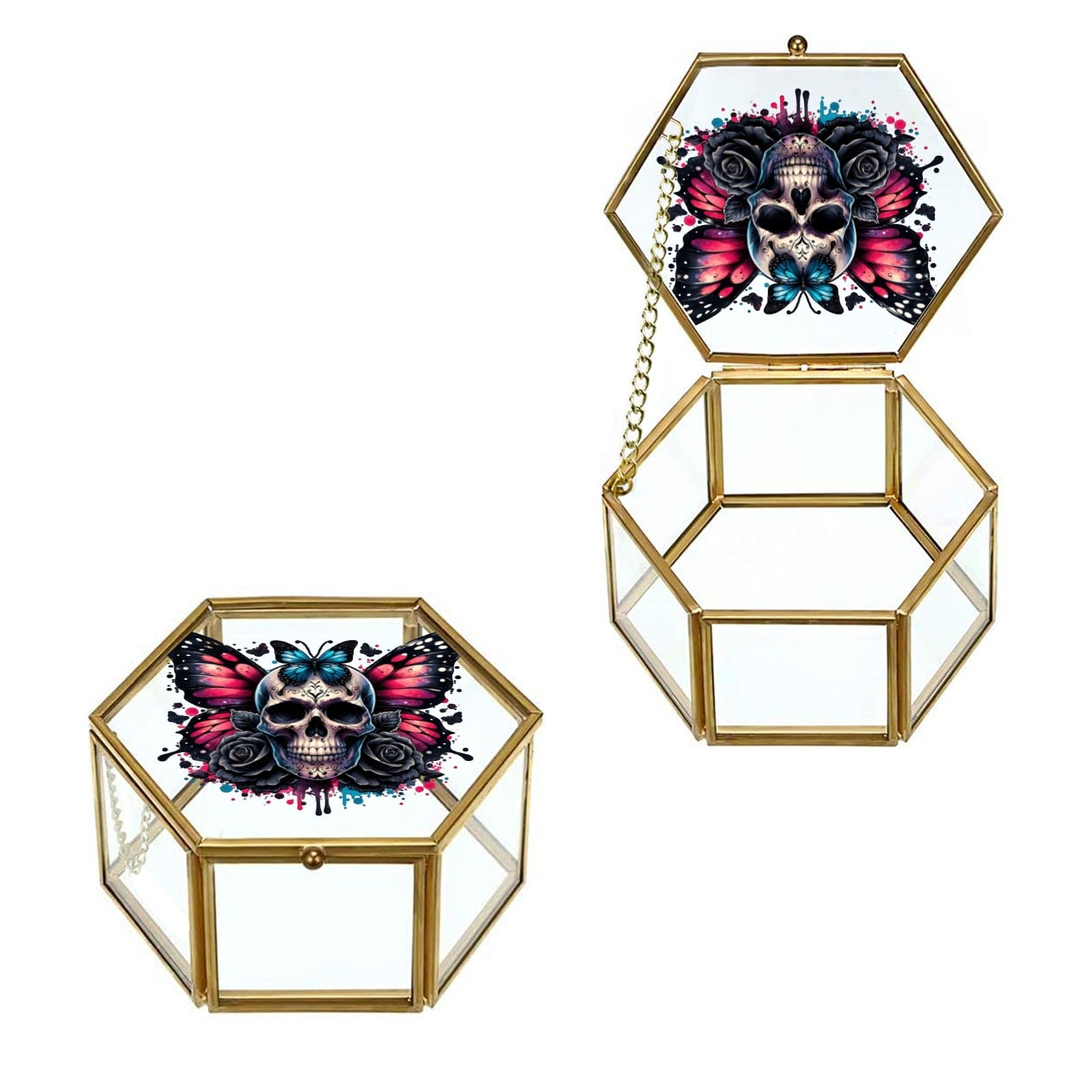 Gothic Butterfly Skulls Hexagon Glass Jewelry Box