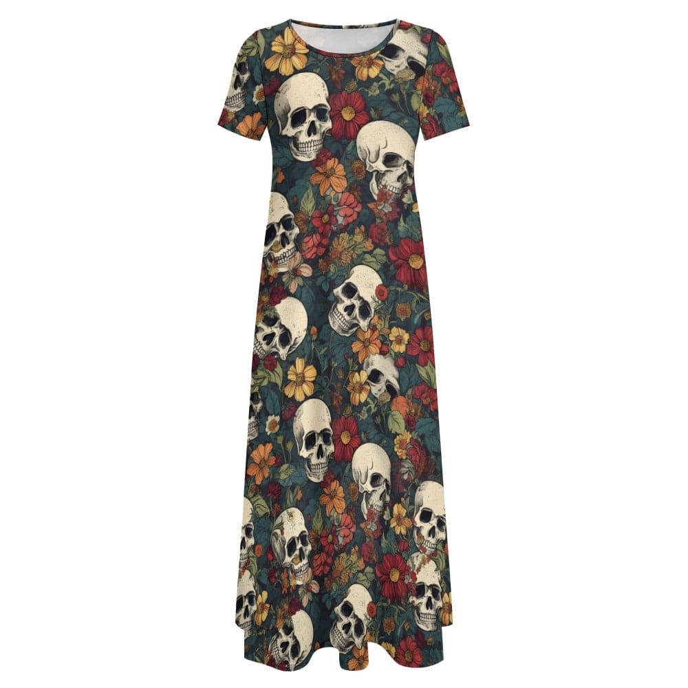 Skulls With Fall Flowers Round Neck Short Sleeve Maxi Dress
