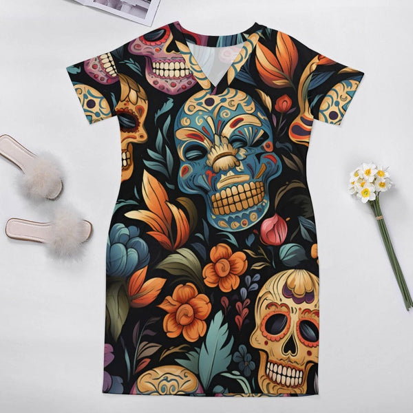 Sugar Skulls Floral V-Neck Loose Pocket Short Sleeve Dress