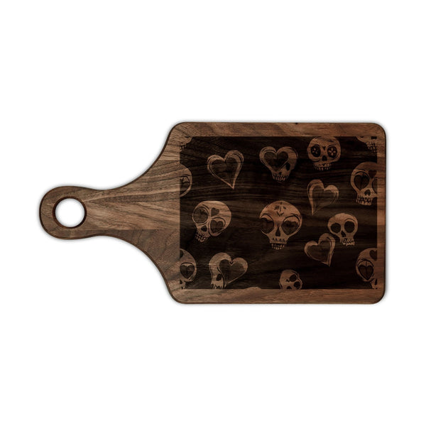 Engraved Skull & Hearts Wooden Cutting Board — Rustic Charcuterie Board