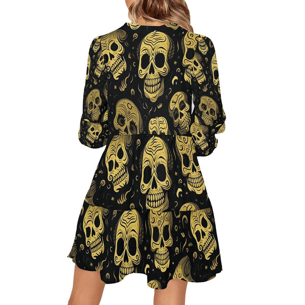 Gold Skulls V-Neck Dress - Loose Fit, Long Sleeves