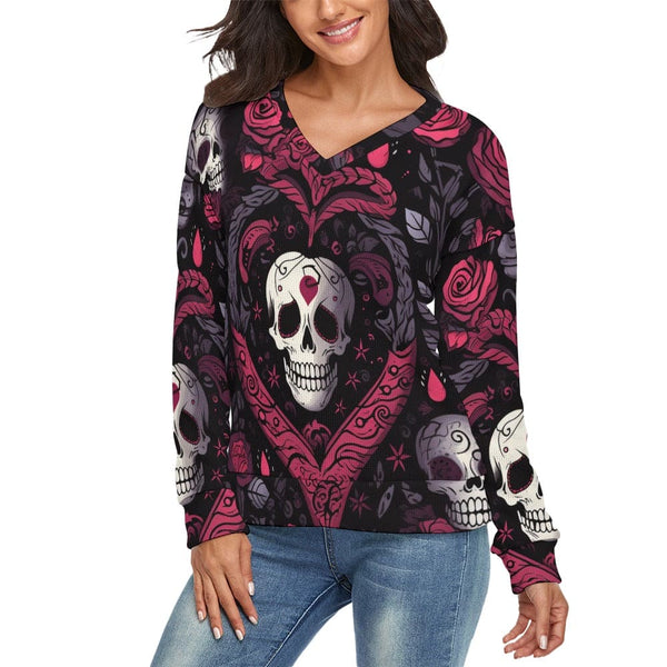 Women's Skulls In Heart V-Neck Long Sleeve Sweater