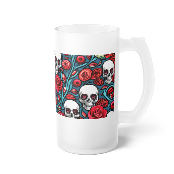 Skulls And Red Roses Frosted Glass Beer Mug