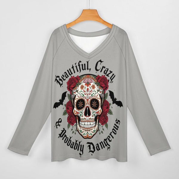 Women's Skull Red Flowers Beautiful Crazy... Long Sleeve Loose T-Shirt