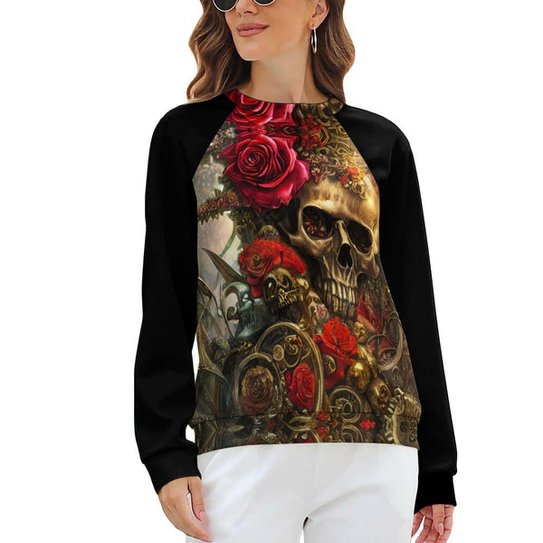 Unleash Your Bold Style With The Women's Skull Floral Raglan Round Neck Sweater!