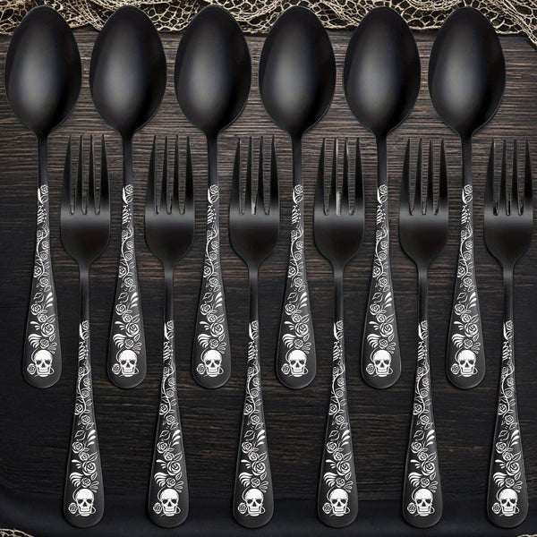 8/12pcs, Gothic Black Skull & Rose Stainless Steel Cutlery Set