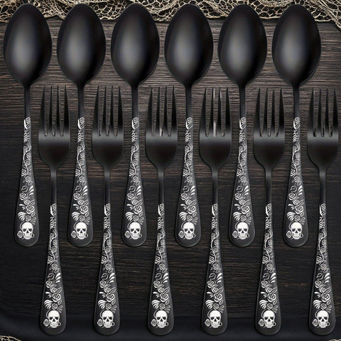 8/12pcs, Gothic Black Skull & Rose Stainless Steel Cutlery Set