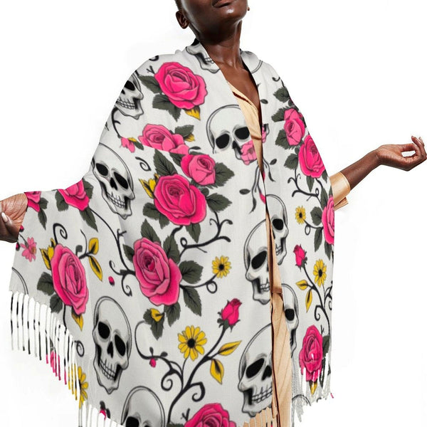 Skull Floral Vines Tassel Scarf