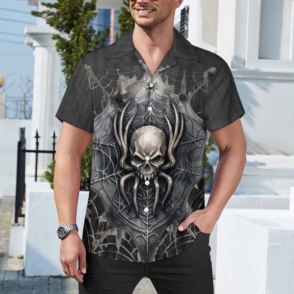 Mens Skull Spider Black Cuban Collar Dress Shirt S / Black
