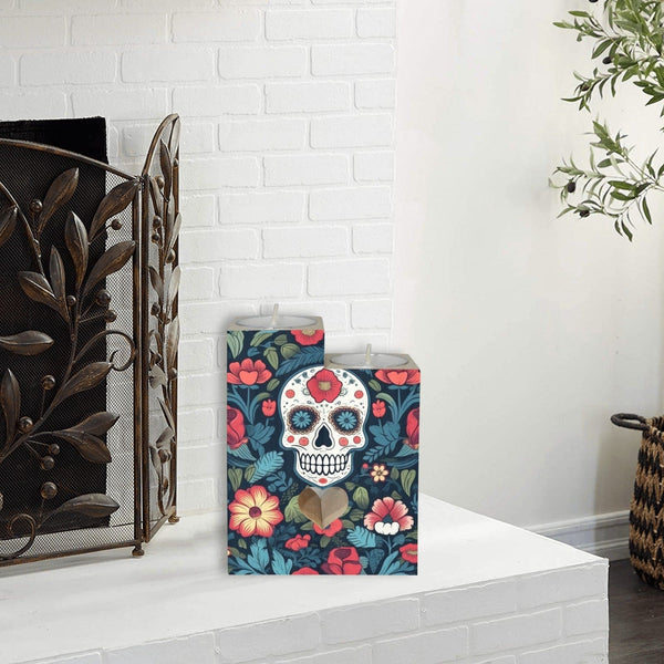 Blue Red Skulls Wooden Candle Holder