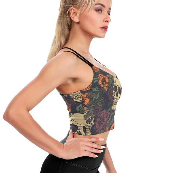 Skull Brown Floral Cute Cropped Yoga Sports Bra For Women