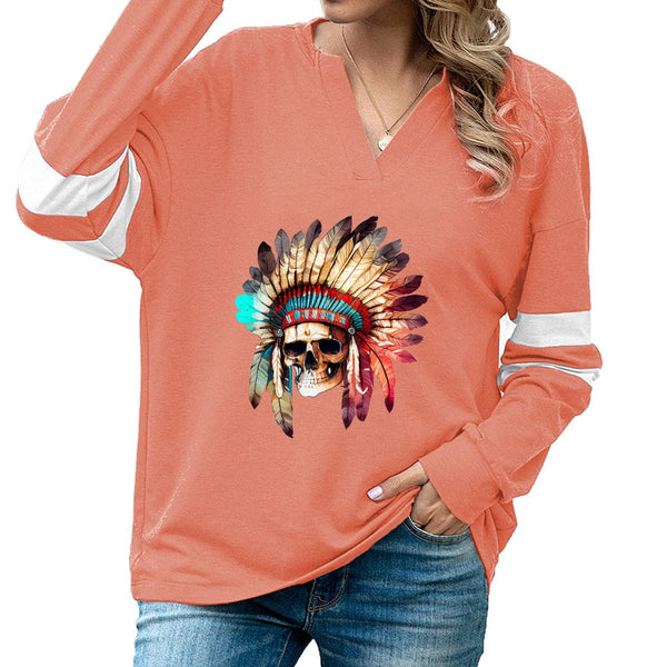 Womens Skull Feather Headband Long Sleeve Top