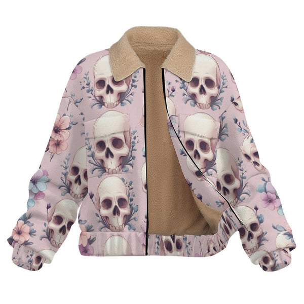 Women's Soft Pastel Floral Skull Patch Pocket Fleece Jacket