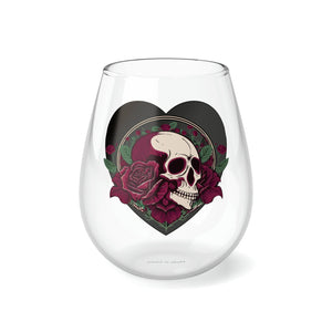 Skull In Heart With Red Roses Stemless Wine Glass, 11.75oz