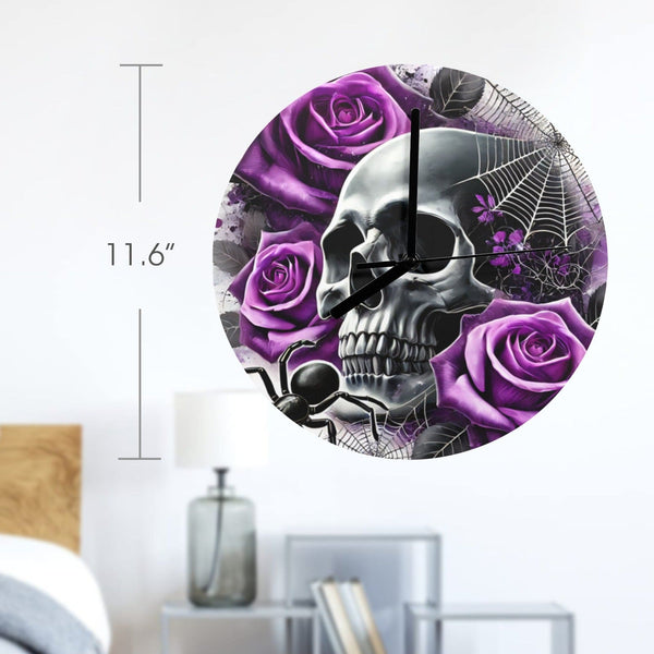 Purple Rose Skull Spider Wall Clock