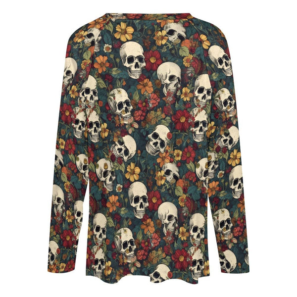 Elevate Your Wardrobe With This Floral Long Sleeve Top Adorned With Charming Skulls.