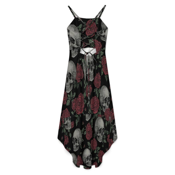 Women's Skull With Roses High-Low Spaghetti Strap Dress