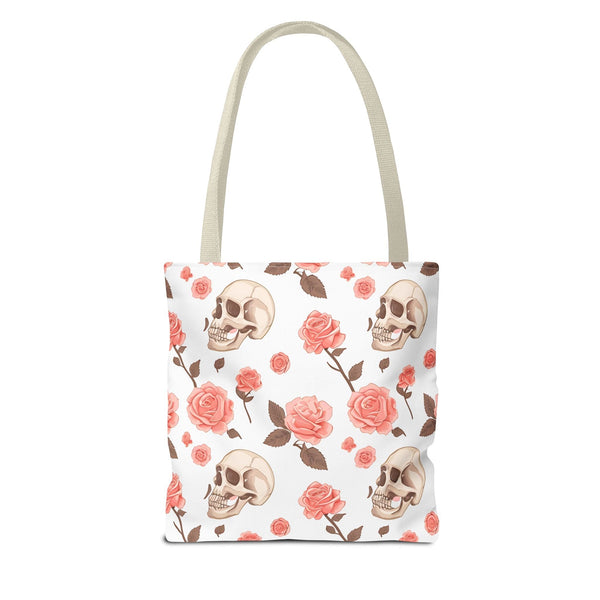 Experience The Power of Our Skull and Pink Roses Tote Bag! Available In 3 Sizes And 5 Stunning Colors