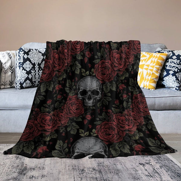 Red Roses And Skulls Ultra-Soft Flannel Blanket Multiple Sizes