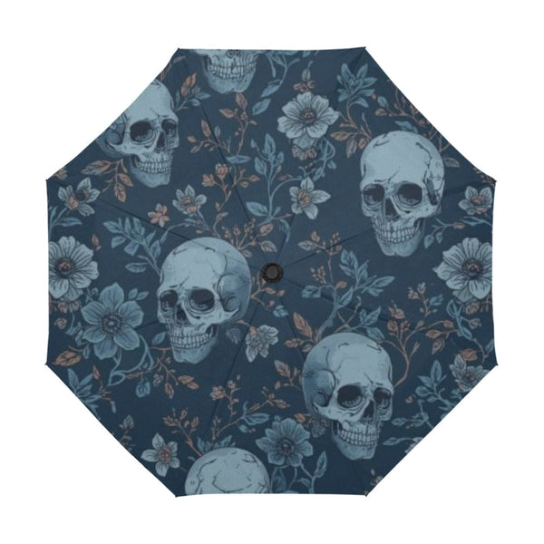Skull and Blue Flower Pattern Anti-UV Auto Fold Umbrella