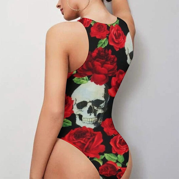 Women's Red Rose Skull Floral Bodysuit