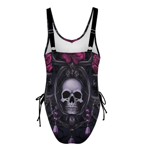 Ladies Skull With Pink Roses One Piece Swimsuit