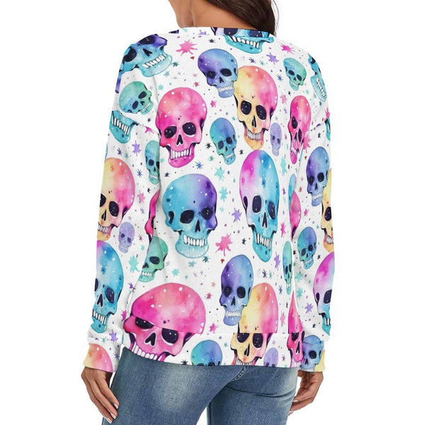 Women's Pink Blue Skulls V-Neck Long Sleeve Sweater