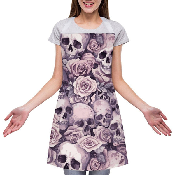 Skulls With Pink Roses Adult Apron with Pocket