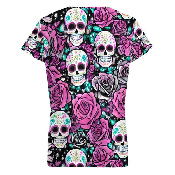 Womens Skull Pink Fkowers V-neck Short Sleeve T-shirt