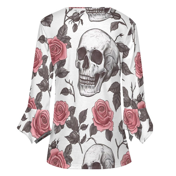 Women's Pink Roses And Skulls Ruffled Petal Sleeve Blouse