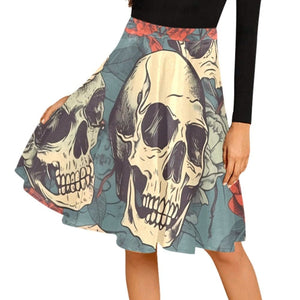 Skull Pattern With Red Flowers Pleated Knee Length Skirt