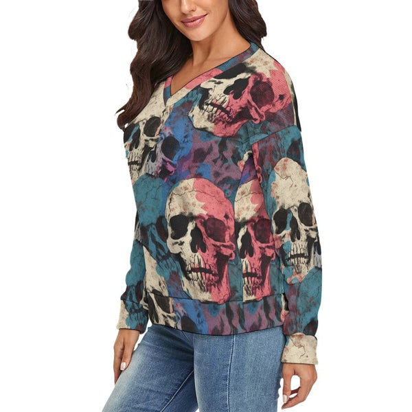 Women's Blue Pink Skulls V-Neck Long Sleeve Sweater