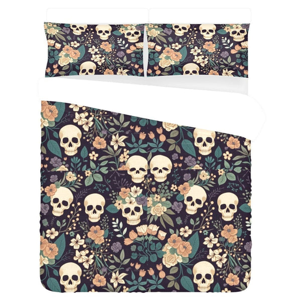 Skulls Blue Pink Floral 3-Piece Bedding Set – Gothic Bedroom Decor